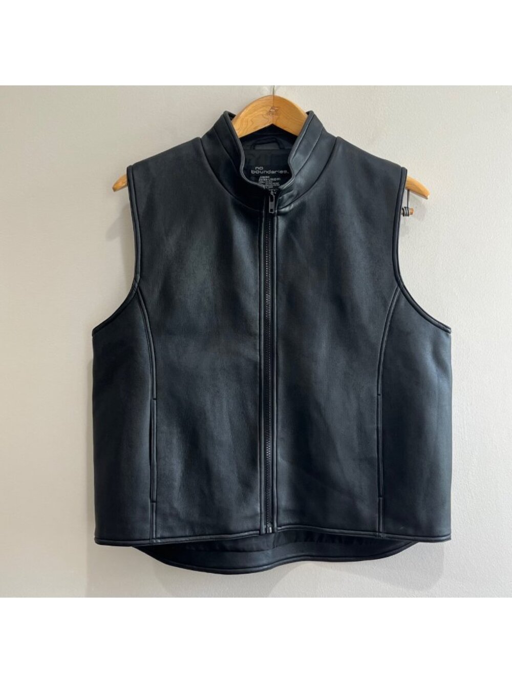 No Boundaries Faux Leather Vest Juniors XL Black Full Zip Pockets